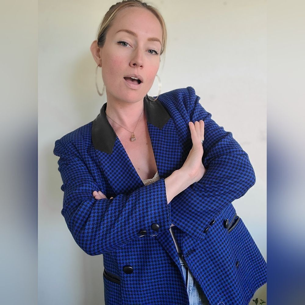 Sebastian Wool + Leather Vintage Houndstooth Blazer S-M - Picture 5 of 15